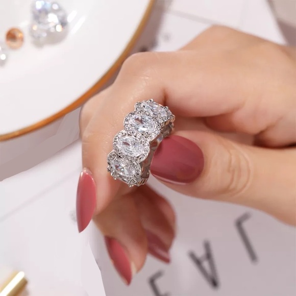 Oval Cut Halo Diamond Pink Clear Wedding Eternity Band - Picture 3 of 16